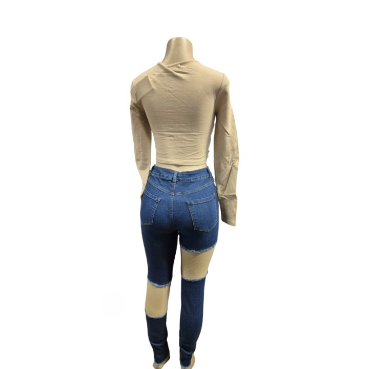 Denim Patchwork Crop Top & Ripped Jeans Two-Piece Set