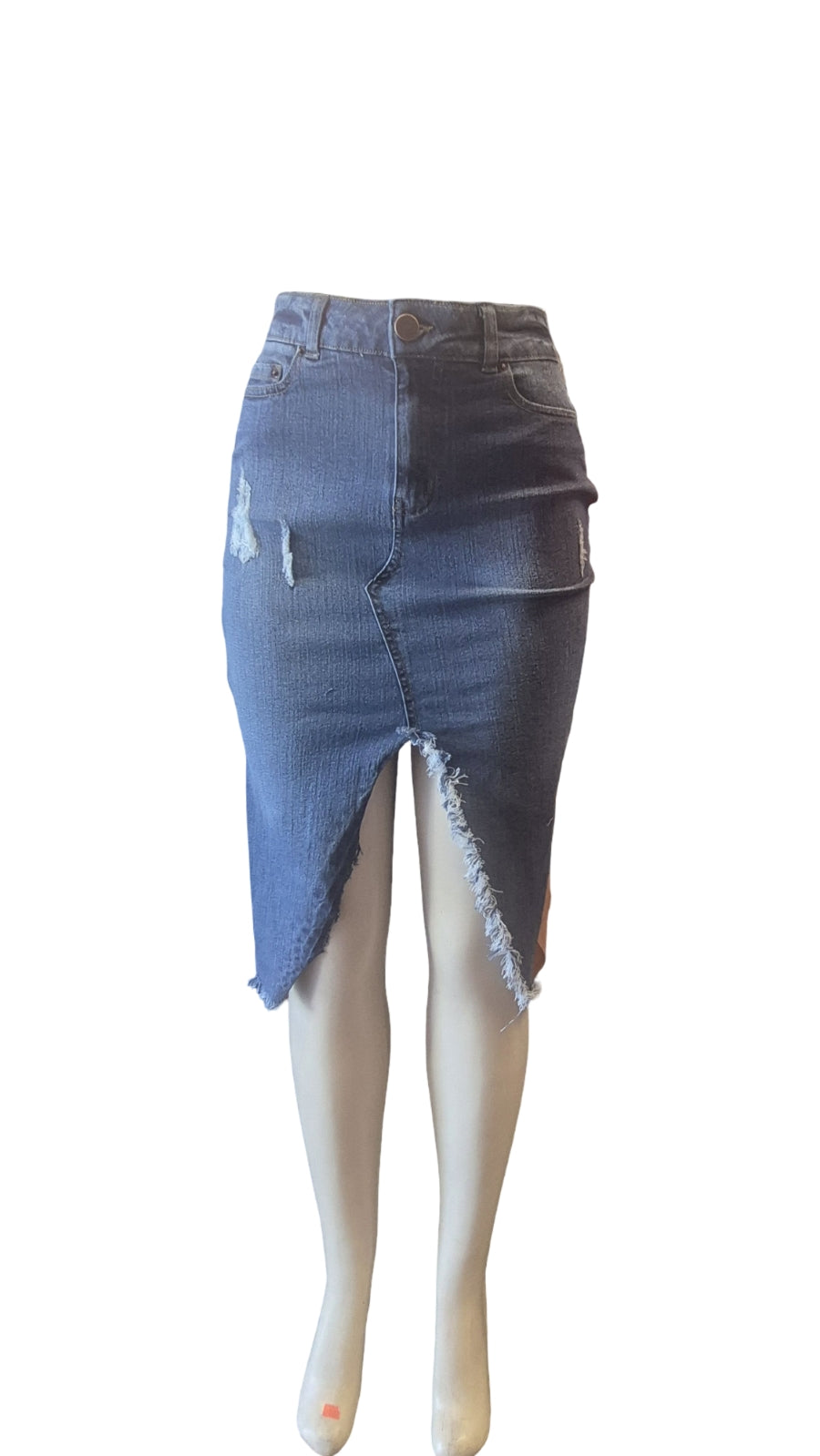 High-Waisted Distressed Asymmetrical Denim Midi Skirt