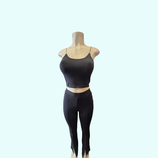 Black Ribbed Crop Cami & Split Hem Legging Set