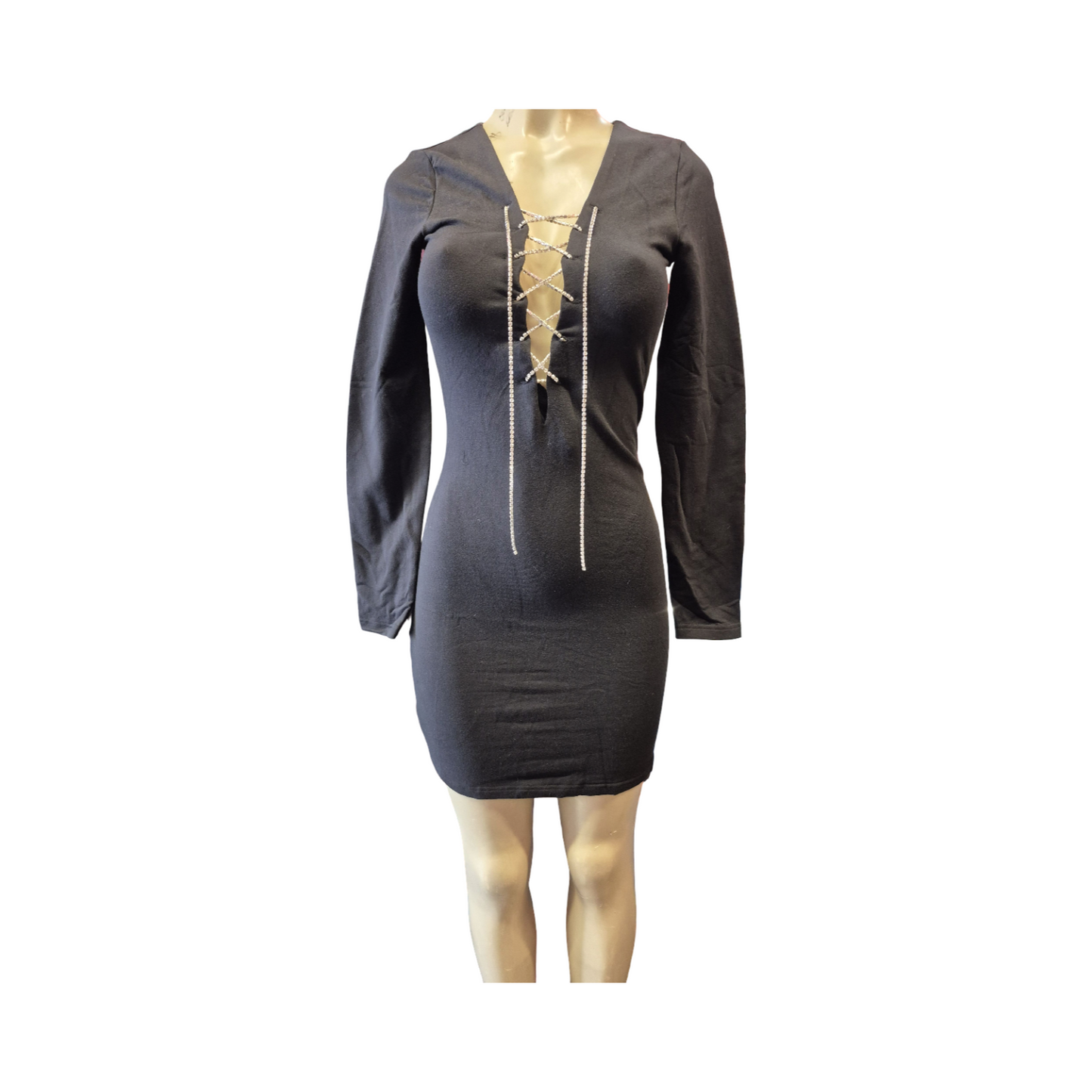 Women’s Long Sleeve Bodycon Mini Dress – Lace-Up Front Cocktail Dress (Black)