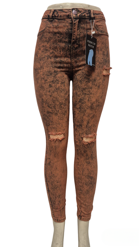 Brown Acid Wash Distressed Skinny Jeans