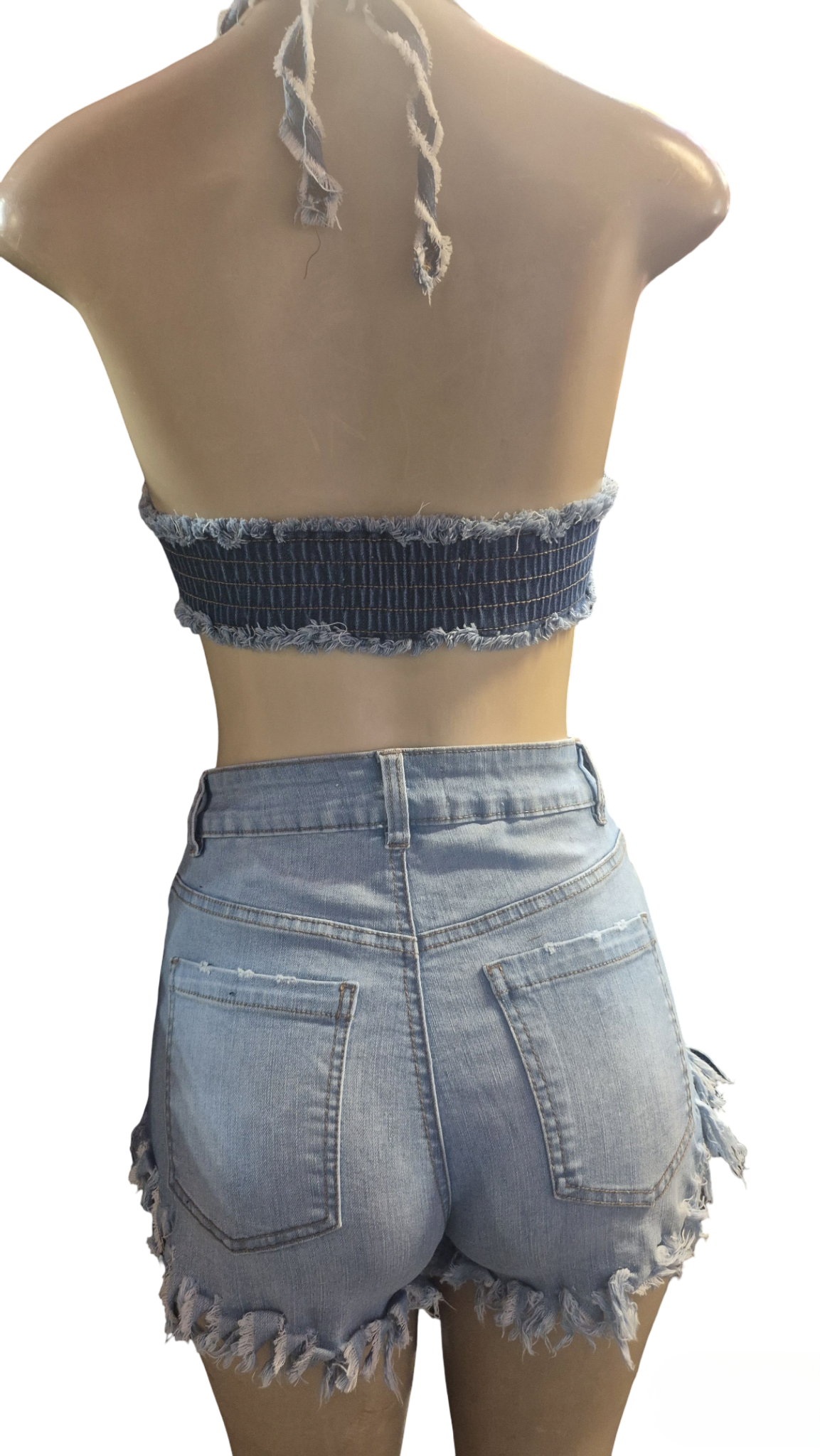 Distressed Denim Two-Piece Set – Halter Crop Top & Mini Shorts