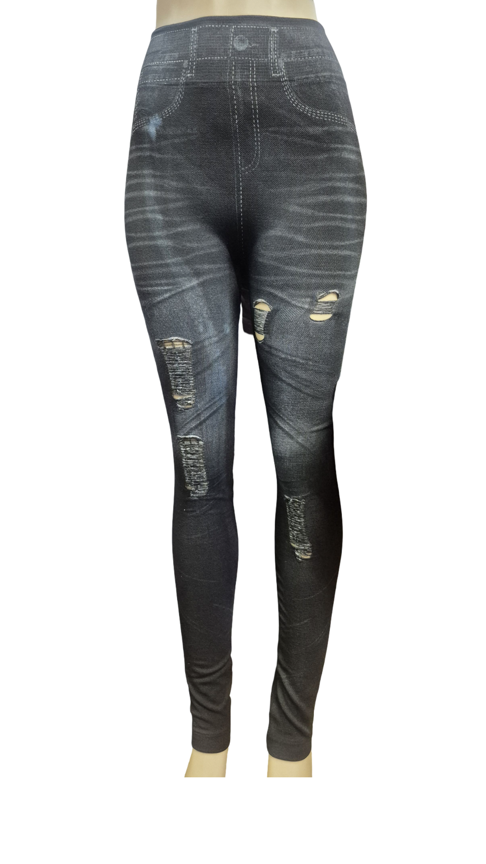 Distressed Denim Print High-Waist Jeggings