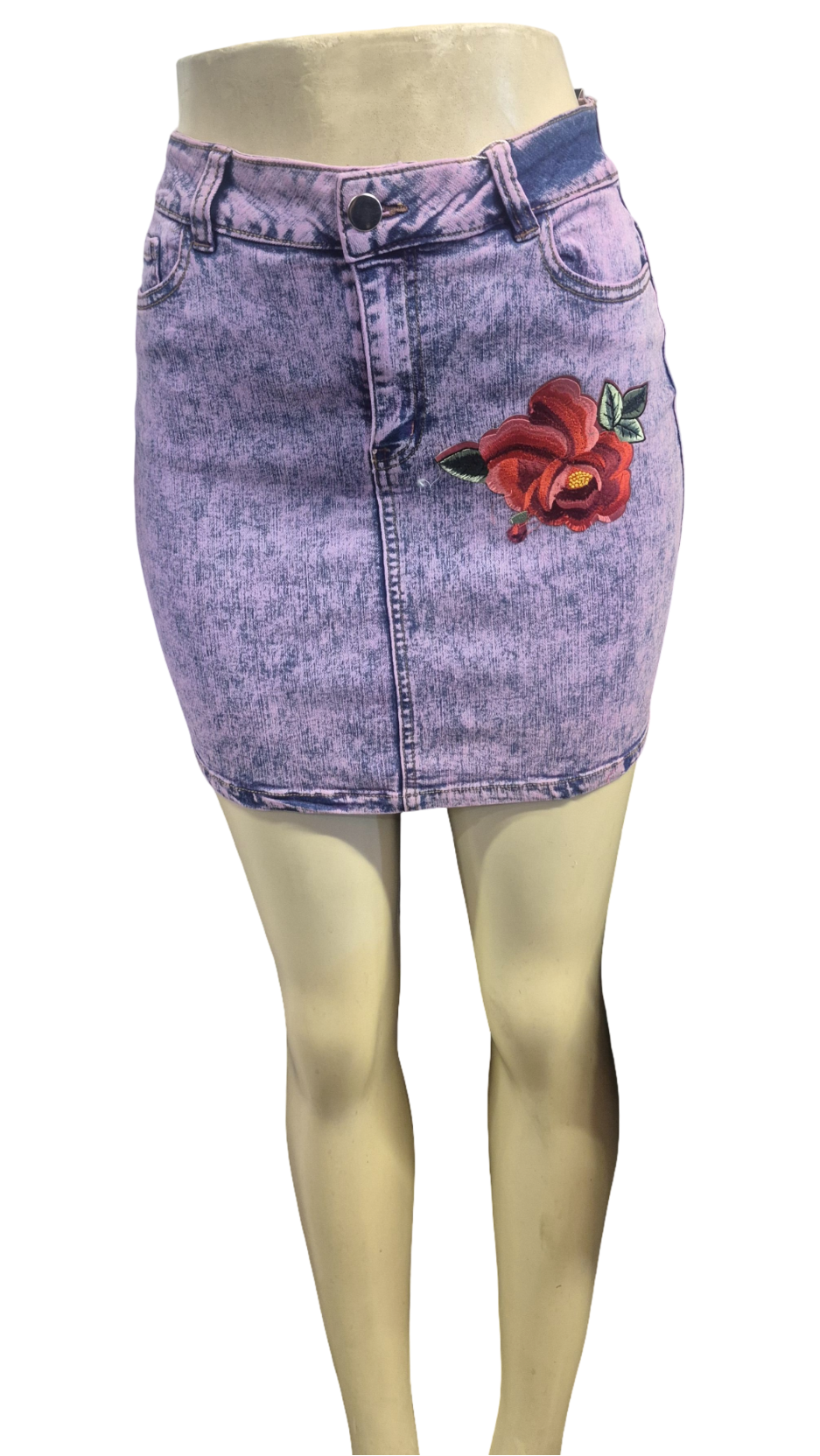 Lavender Acid Wash Rose Embroidered Denim Mini Skirt