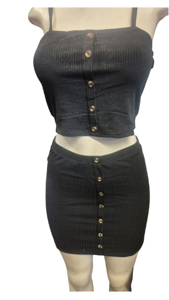 Black Textured Button-Front Crop Top & Mini Skirt Two-Piece Set
