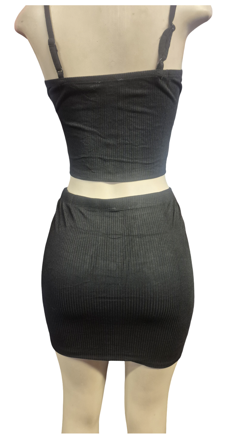 Black Textured Button-Front Crop Top & Mini Skirt Two-Piece Set
