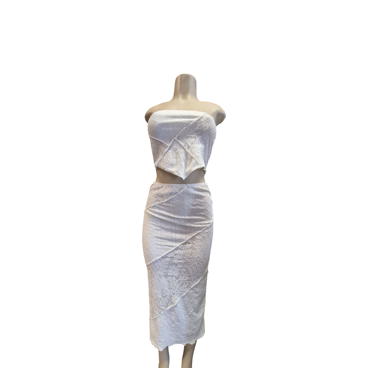 White Lace Two-Piece Strapless Midi Set