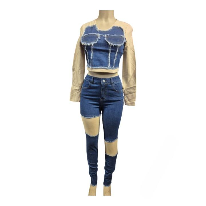 Denim Patchwork Crop Top & Ripped Jeans Two-Piece Set