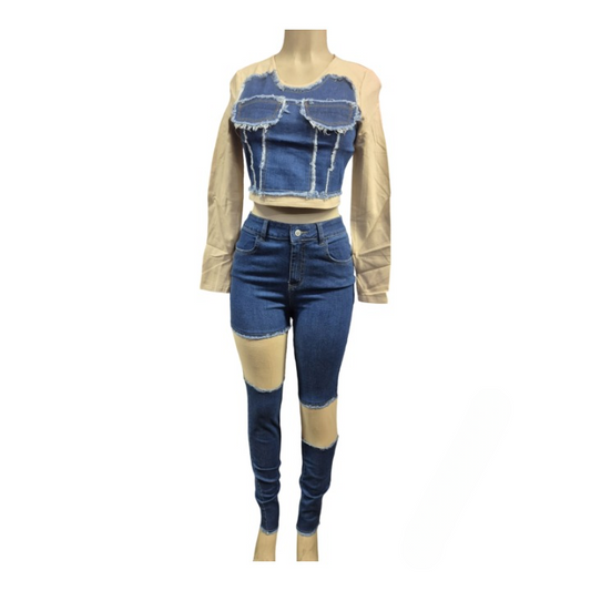 Denim Patchwork Crop Top & Ripped Jeans Two-Piece Set