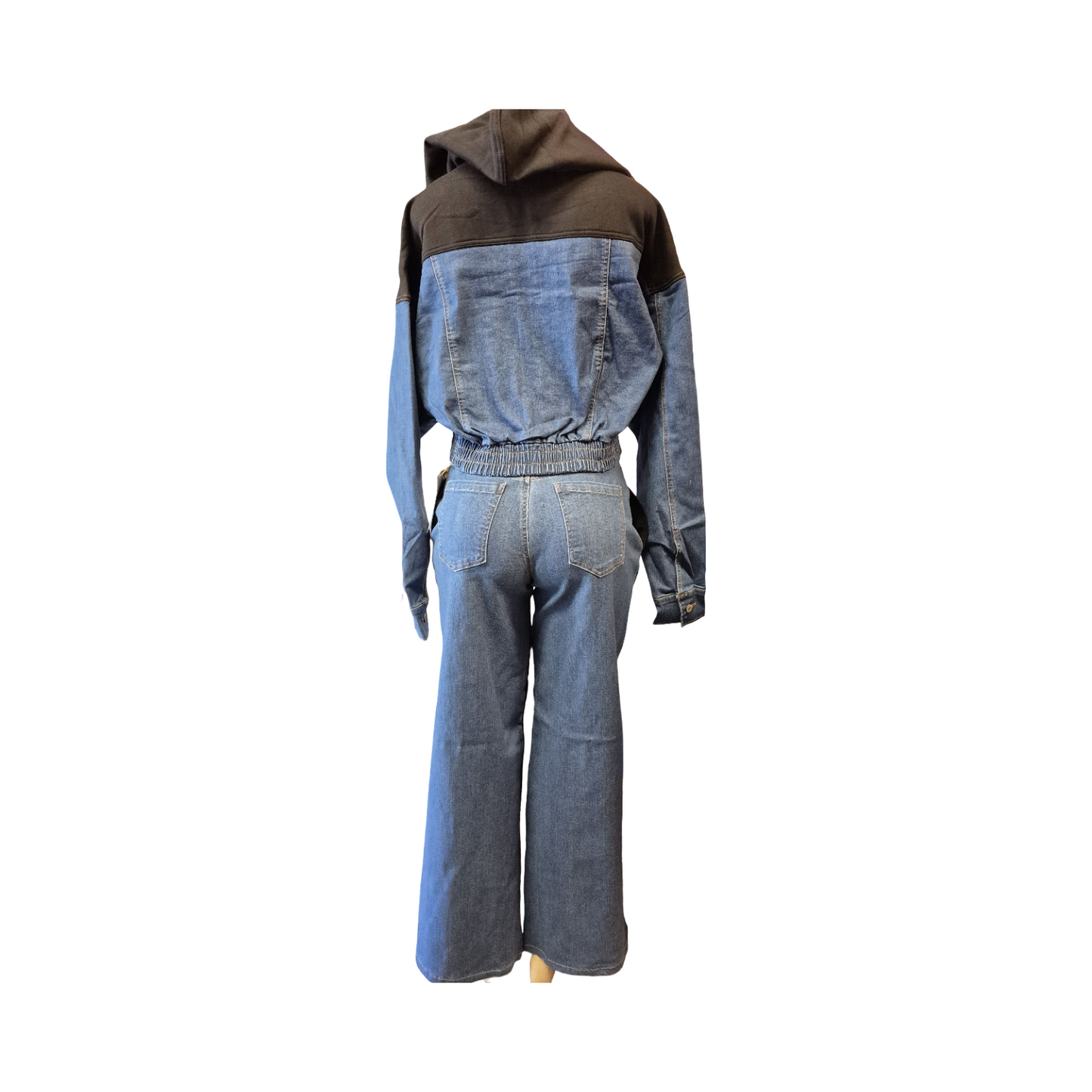 Women’s 2-Piece Denim & Hooded Lounge Set – Cropped Zip Hoodie & Wide-Leg Pants (Blue/Black)
