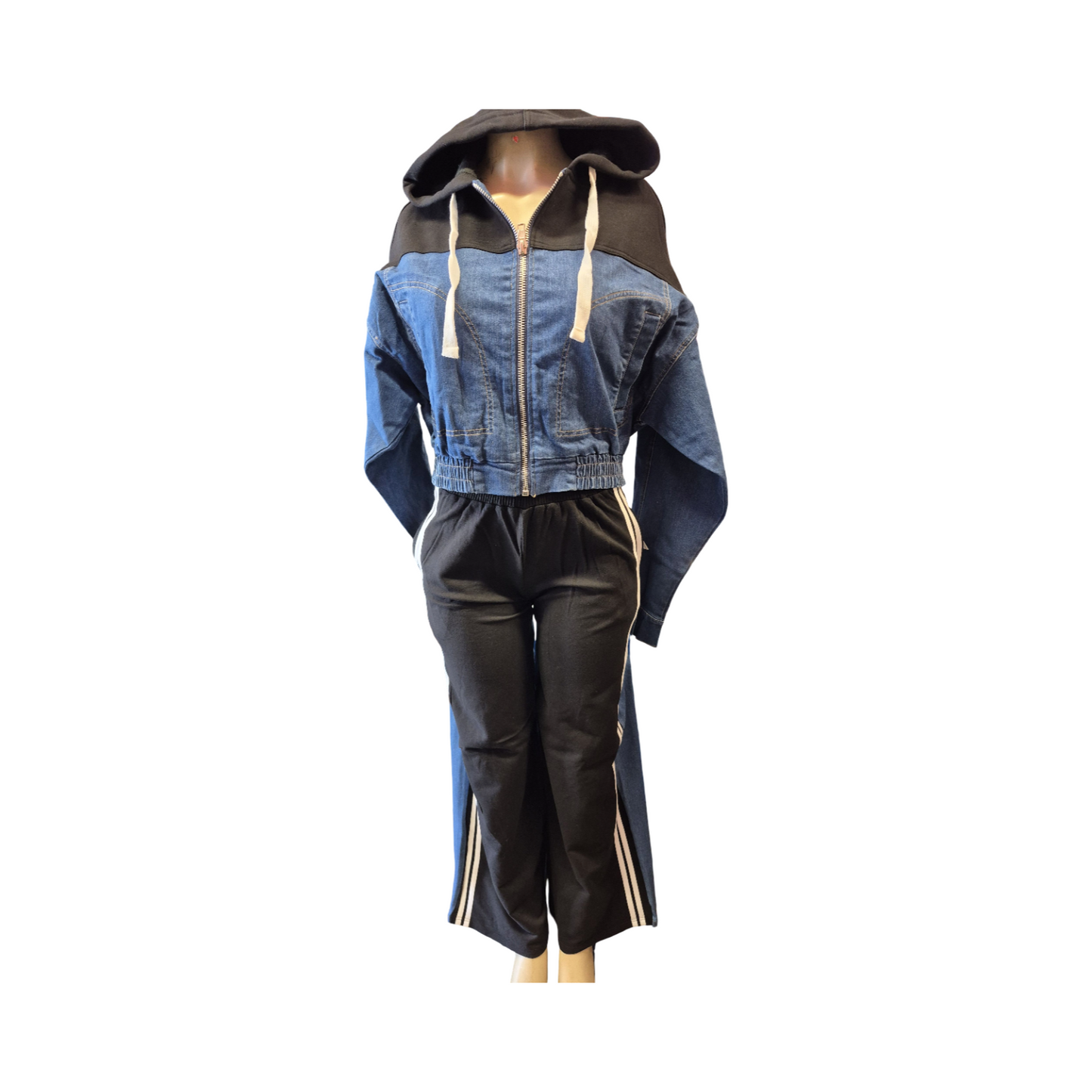 Women’s 2-Piece Denim & Hooded Lounge Set – Cropped Zip Hoodie & Wide-Leg Pants (Blue/Black)