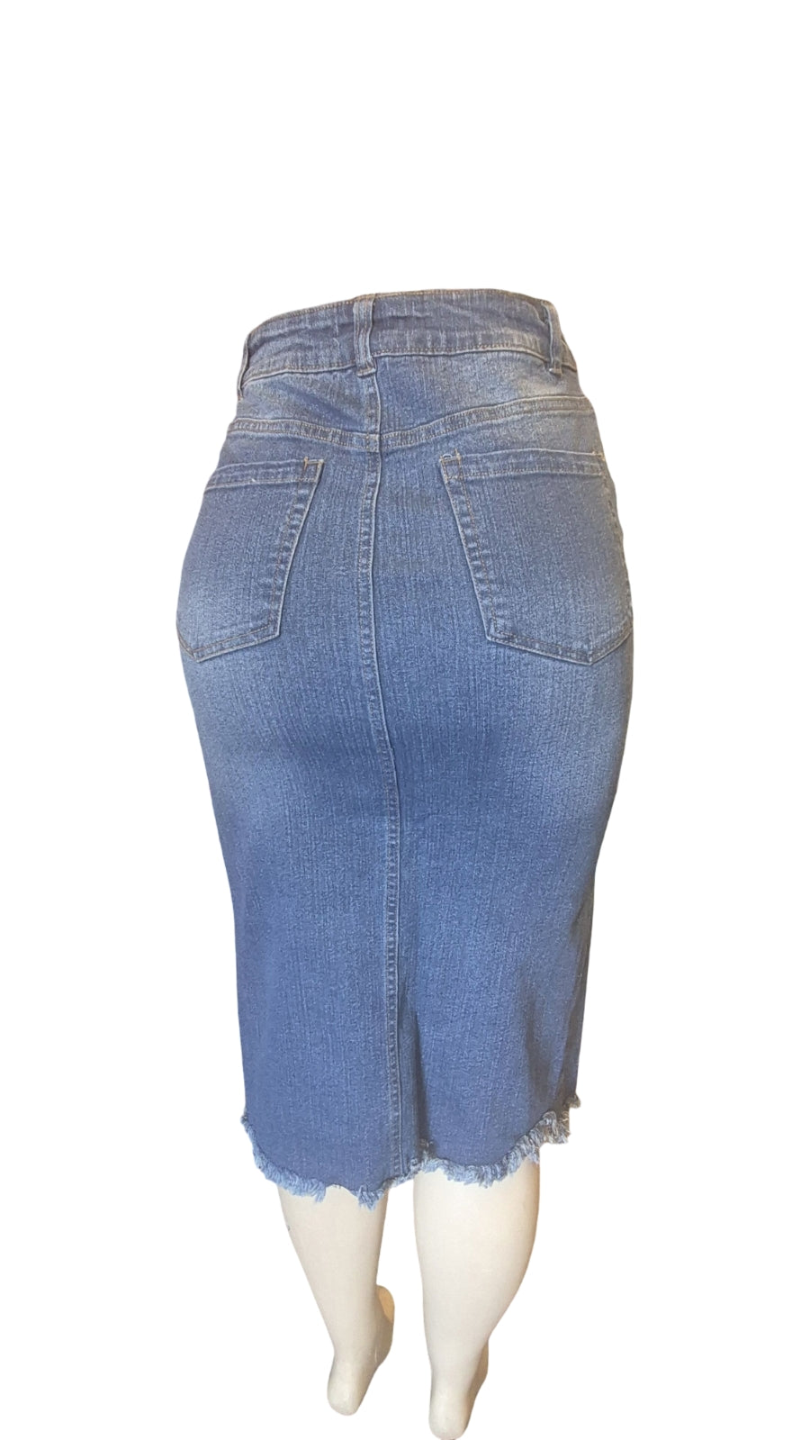 High-Waisted Distressed Asymmetrical Denim Midi Skirt