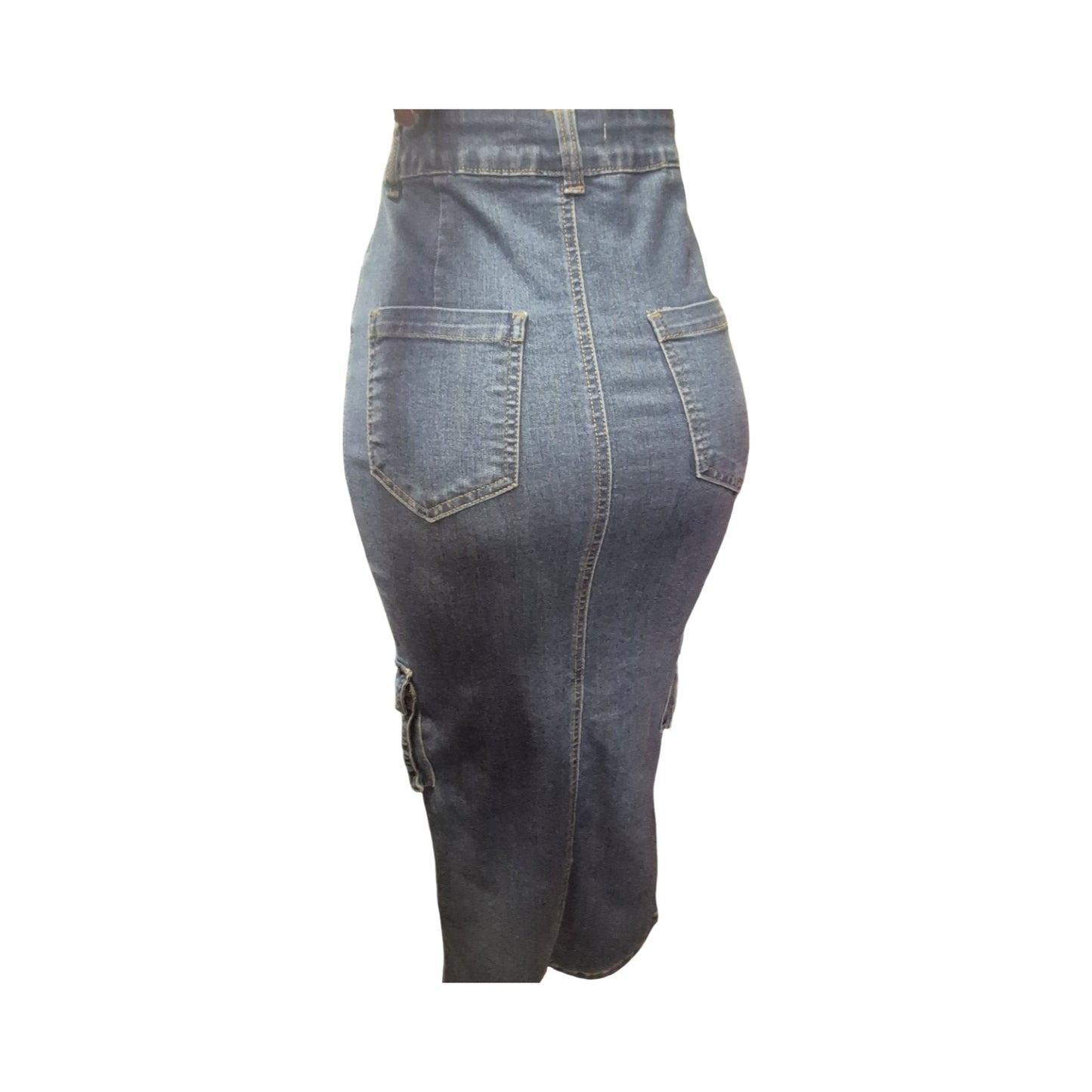 High-Waisted Cargo Denim Midi Skirt
