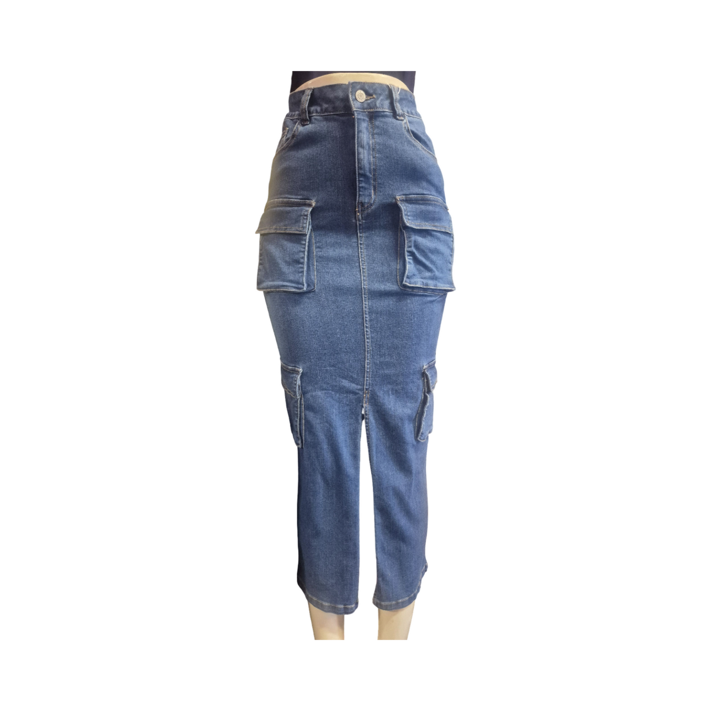 High-Waisted Cargo Denim Midi Skirt