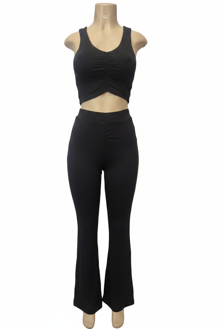 Black Ruched Two-Piece Set - Front