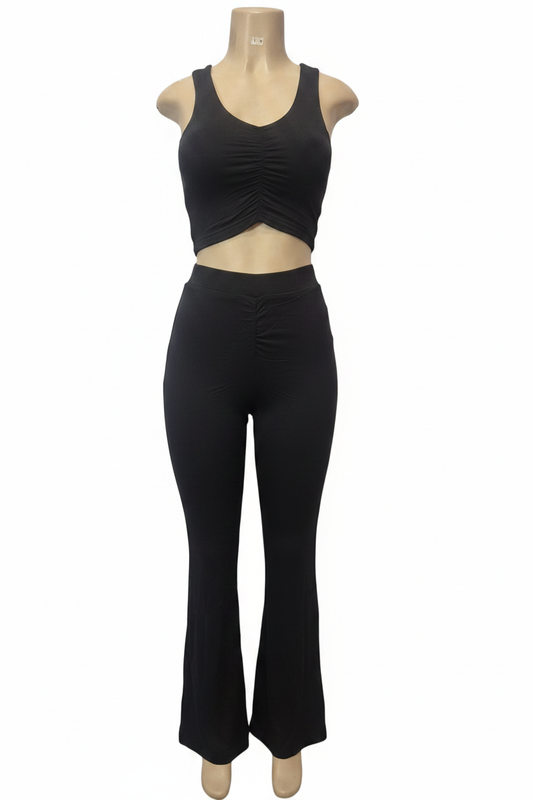 Black Ruched Two-Piece Set - Front