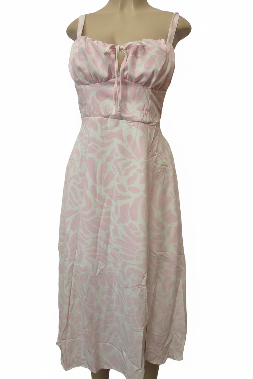 Blush Pink Floral Tie Front Midi Dress - Front
