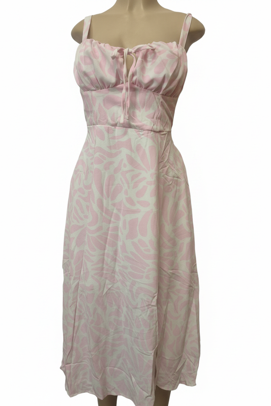 Blush Pink Floral Tie Front Midi Dress - Front