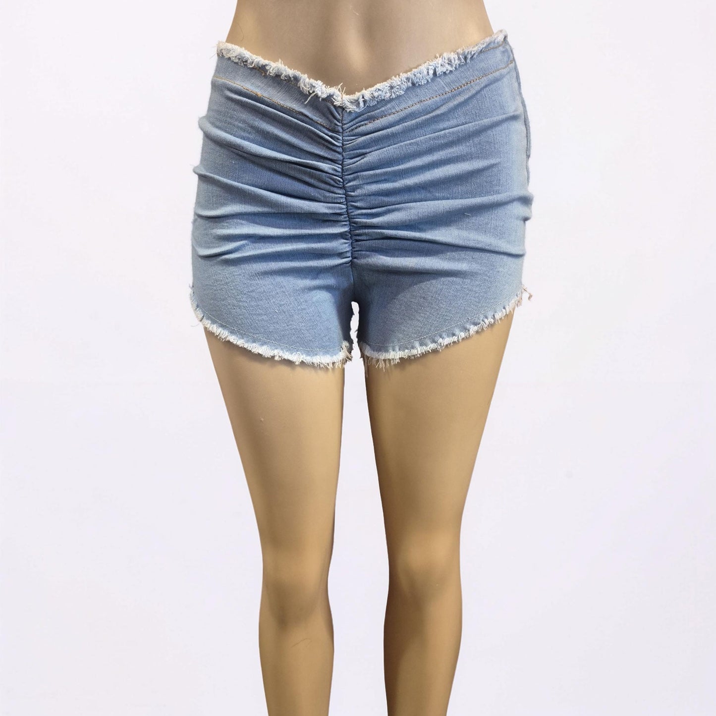Ruched V-Waist Denim Micro Shorts