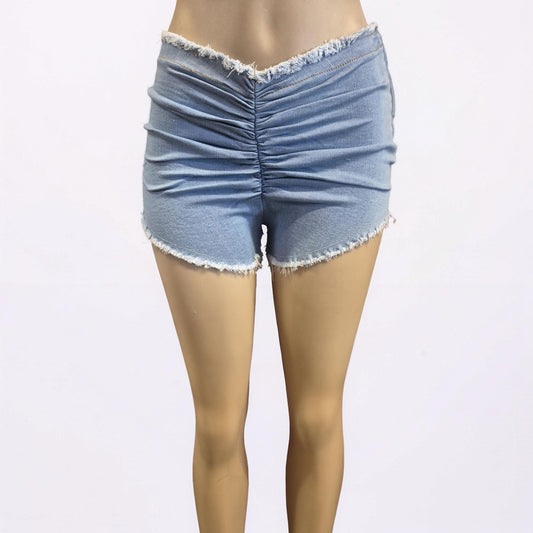 Ruched V-Waist Denim Micro Shorts