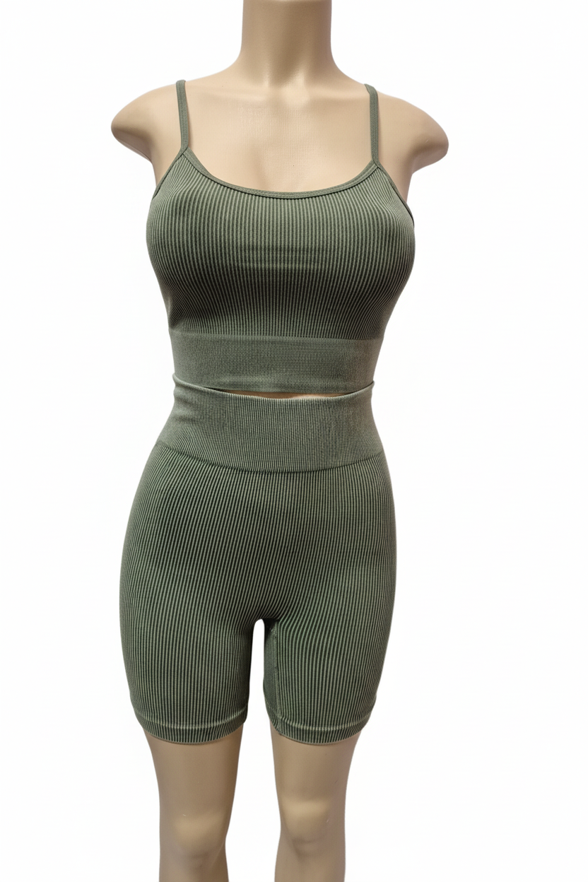 Sage green ribbed two-piece biker set front view