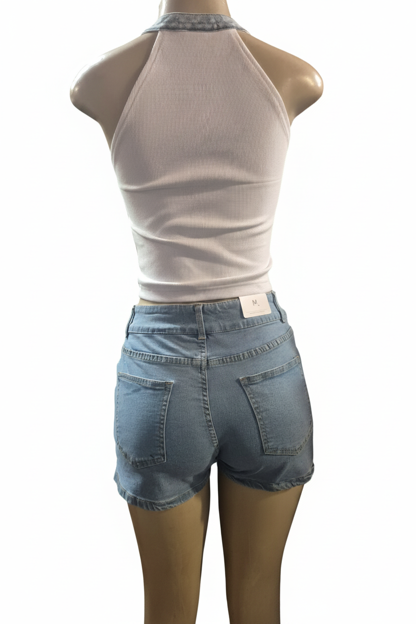 White ribbed halter top and denim cargo shorts - back view no tags