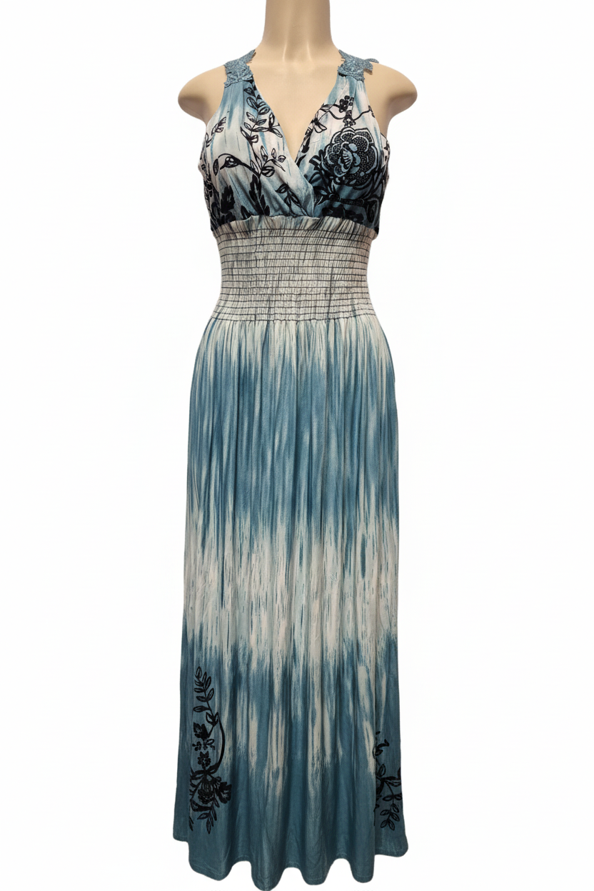 Teal maxi dress front view showing deep V-neckline and floral embroidery detail