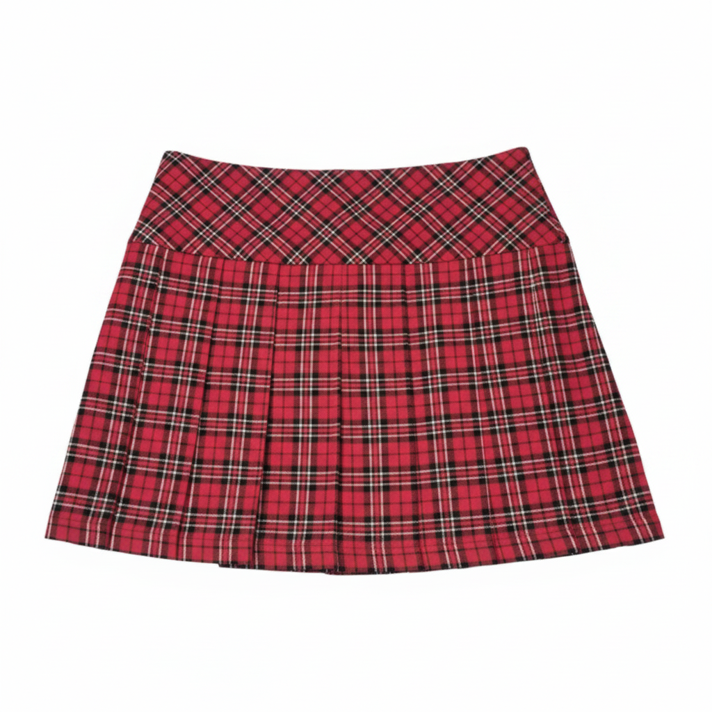 Red plaid pleated mini skirt - front view