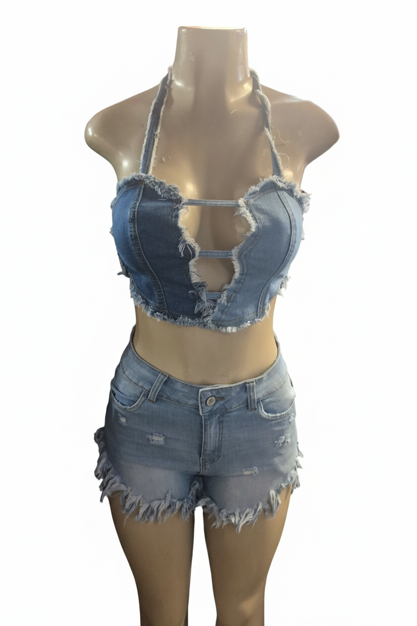 Distressed denim two-piece set - front view tag removed