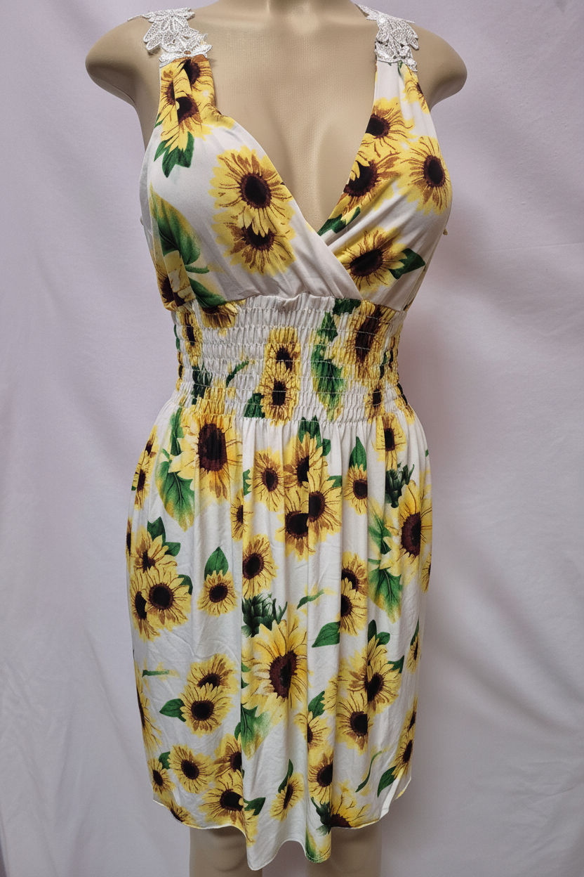 White sunflower print mini dress with lace straps front view