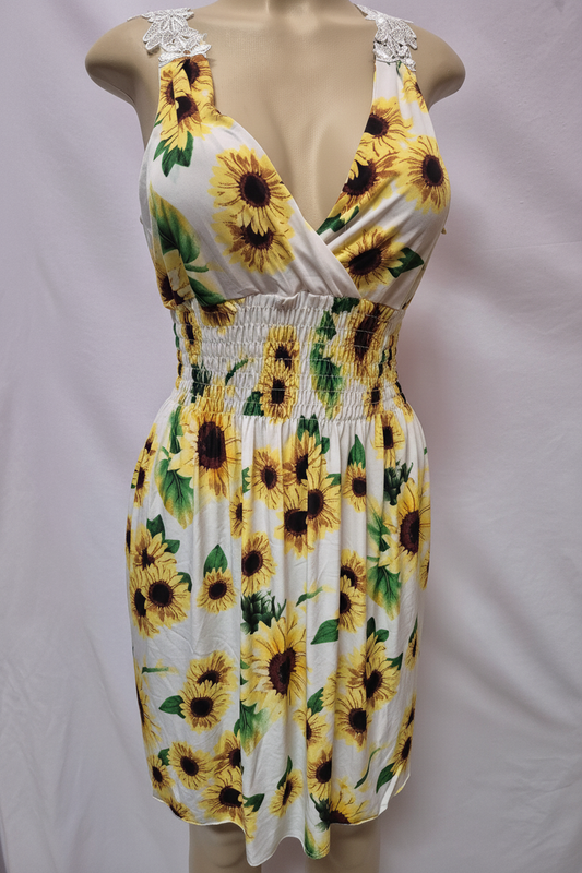 White sunflower print mini dress with lace straps front view