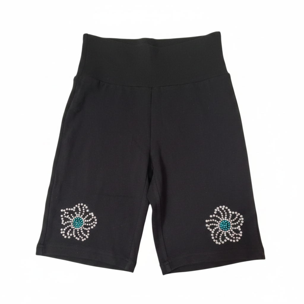 Black rhinestone flower biker shorts - front view