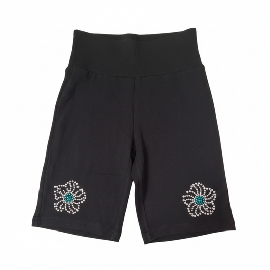 Black rhinestone flower biker shorts - front view