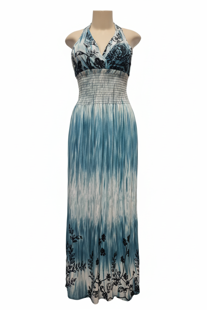 Teal tie-dye maxi dress full length front view