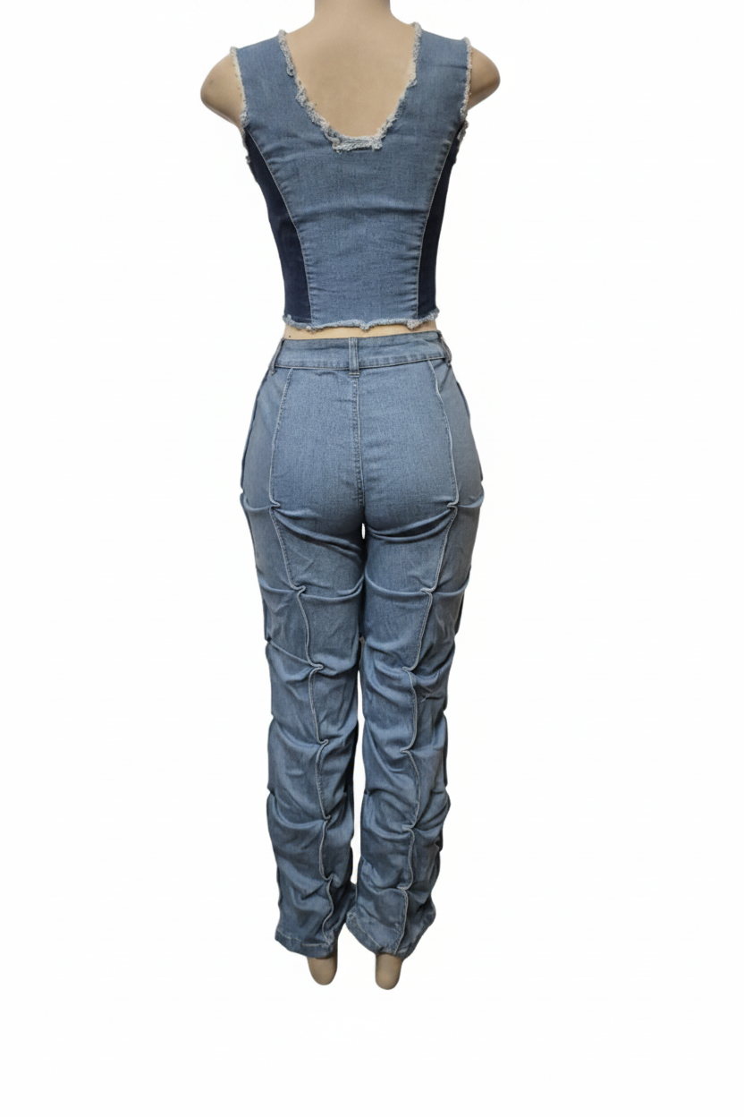 Denim Lace-Up Corset Crop Top & Ruched Jogger Pants Set - Back View