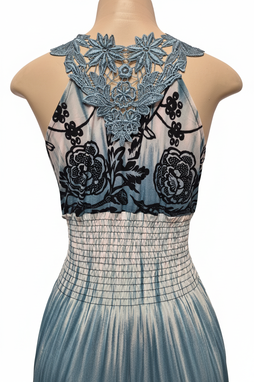 Teal maxi dress back view showing blue lace crochet neckline and floral embroidery