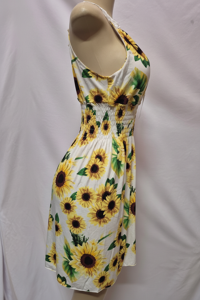 White sunflower print mini dress with lace straps side view