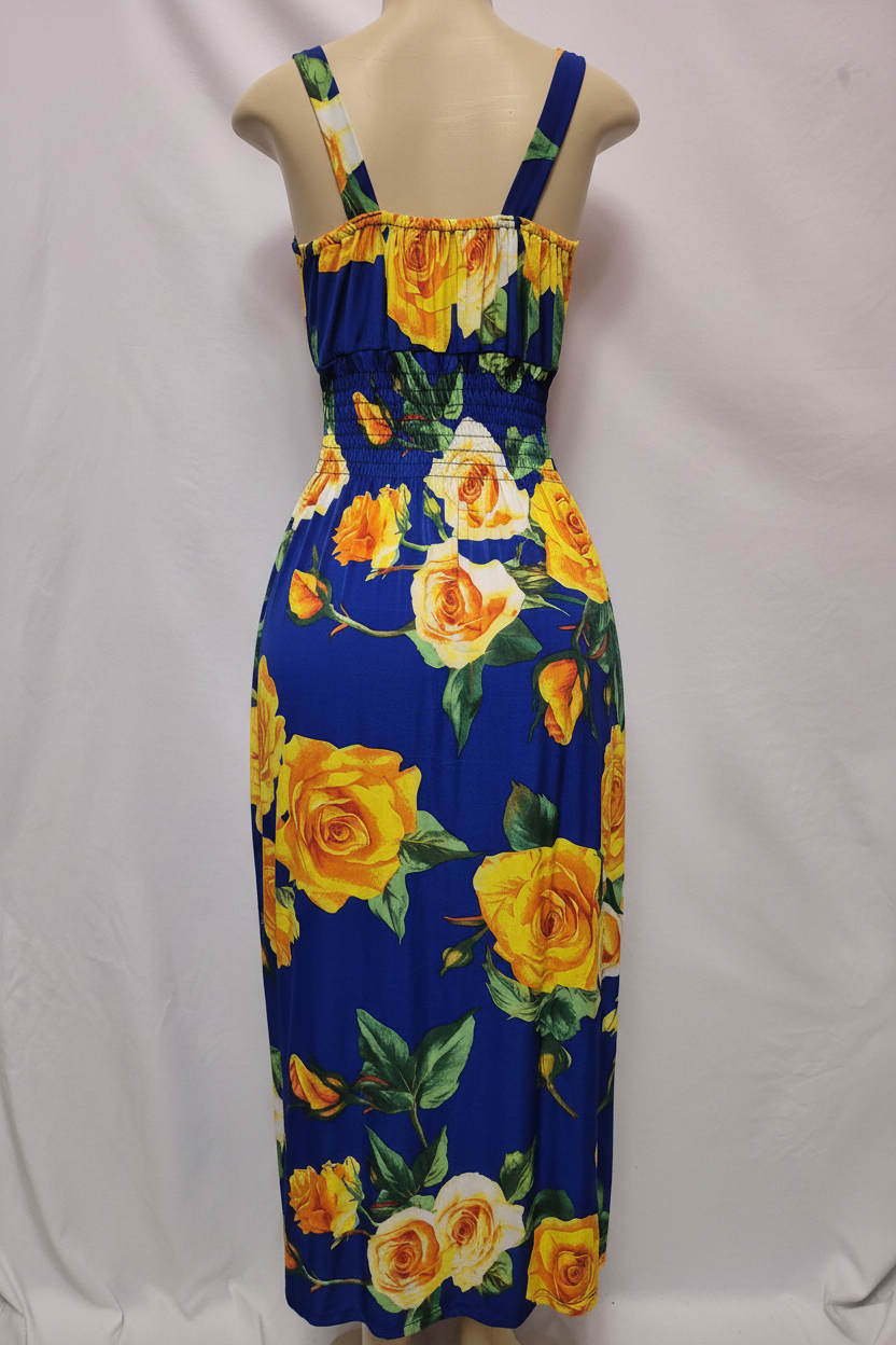 Royal blue maxi dress with yellow orange rose print back view