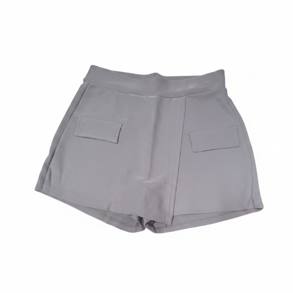 Gray high-waist shorts with pocket - front view
