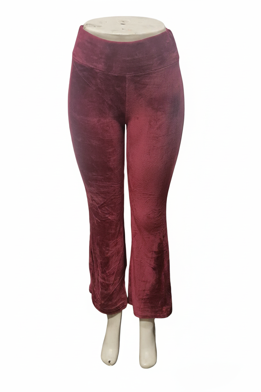 Burgundy tie-dye flare pants - front view (no price tag)