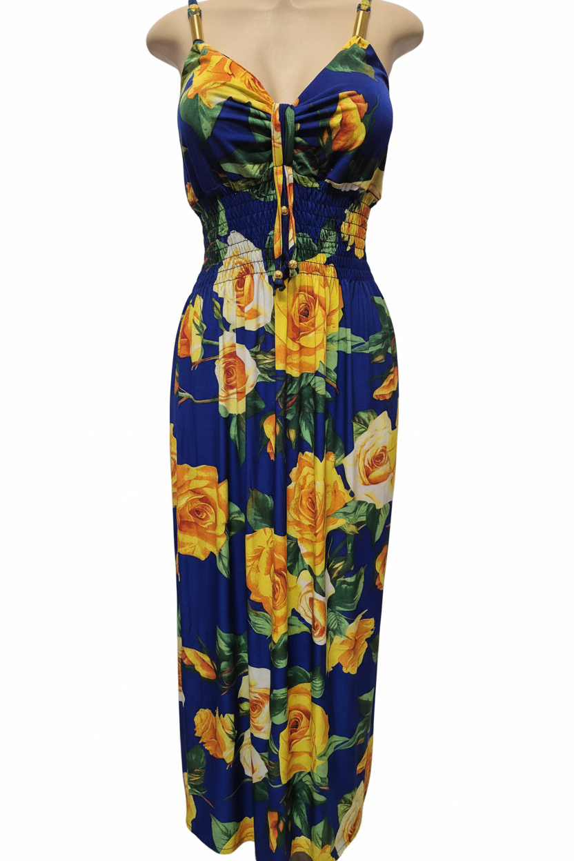 Royal blue maxi dress with yellow orange rose print front view
