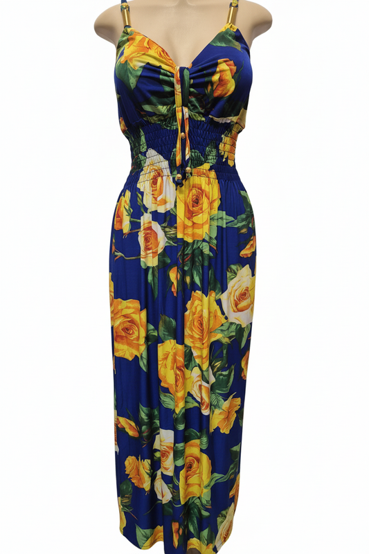Royal blue maxi dress with yellow orange rose print front view