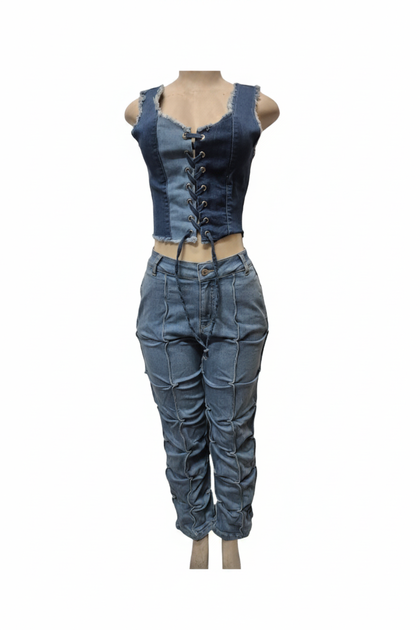 Denim Lace-Up Corset Crop Top & Ruched Jogger Pants Set - Front View