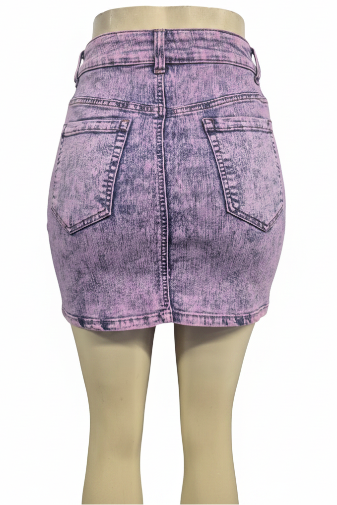 Lavender Acid Wash Rose Embroidered Denim Mini Skirt - Back View
