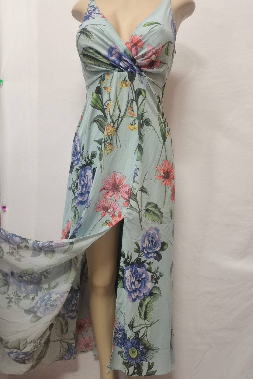 Mint Floral Maxi Dress - Open Skirt Detail