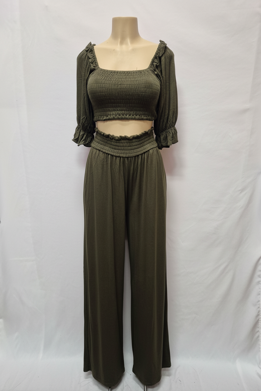 Olive Green Smocked Two-Piece Set - Front