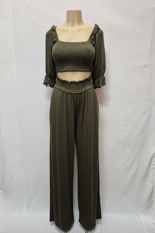 Olive Green Smocked Two-Piece Set - Front