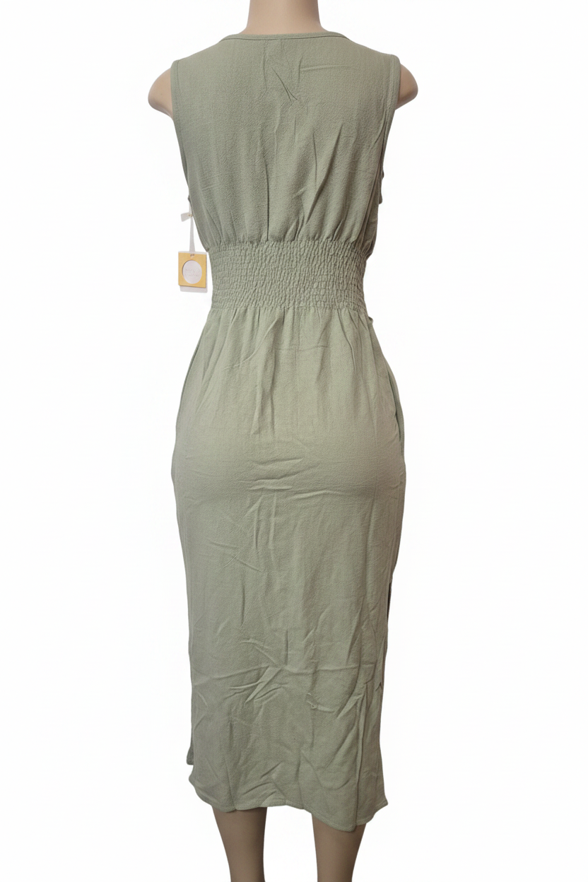 Sage Green Belted Midi Dress - Back