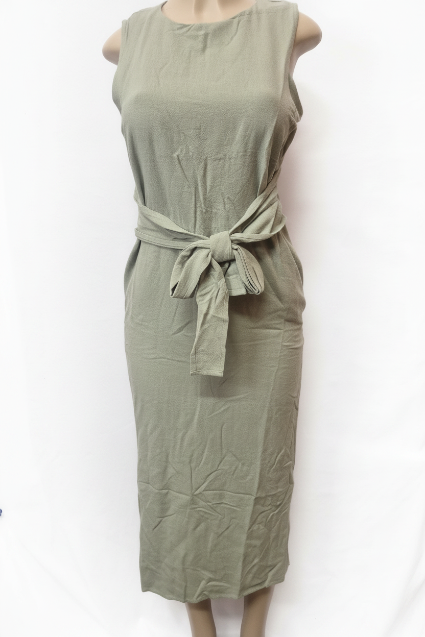 Sage Green Belted Midi Dress - Front