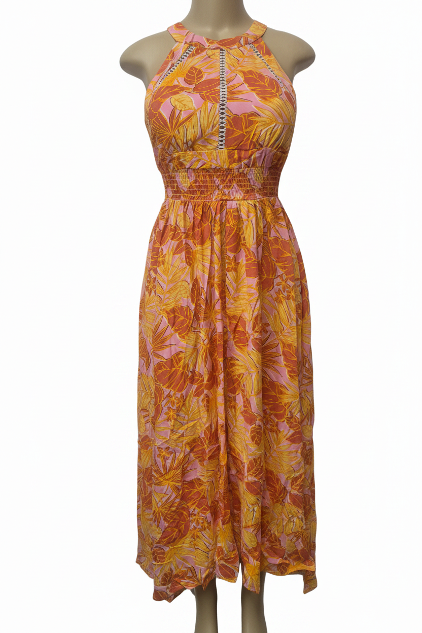 Tropical Floral Halter Maxi Dress - Front